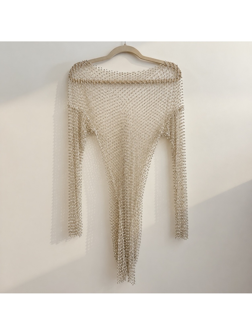 White Fox Crystal Rhinestone Mesh Long Sleeve Dress